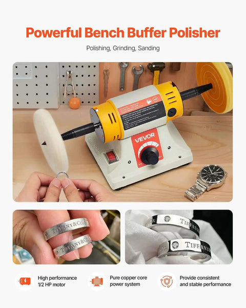 Benchtop Buffer Polisher With Half Horsepower Motor And 0 To 8000 RPM Adjustable Speed Heavy Duty Polish And Buffing Machine on table