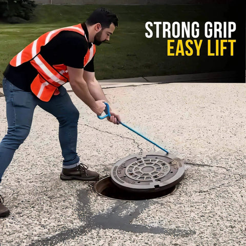 Worker using 36 Inch Manhole Hook Tool Hex Alloy Steel Heat Treated for Durable Lifting of Manhole Covers Storm Drains on construction site