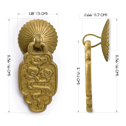 Brass Buddha Scepter Cabinet Pulls 2.4 Inch Set Of 2 For Furniture And Cabinetry Architectural Interior Design Hardware Solid Brass Drawer Pulls With Washer Set Ru Yi Style Accent For Custom Homes featuring front and side view with dimensions.