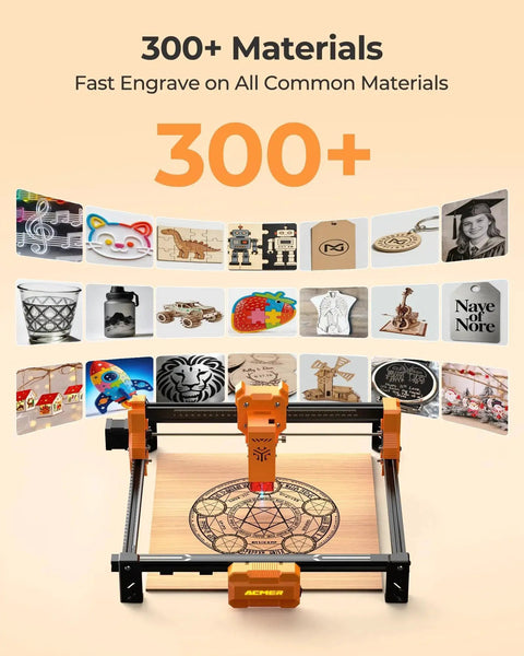 Ultra Powerful 7000mW Laser Engraver And Cutter With 300 By 300 Mm Working Area Delivers 0.01mm Precision For Wood Metal Acrylic Leather And DIY Projects Ideal For Education And Pro Makers ACMER, displayed with diverse engravings, front view.