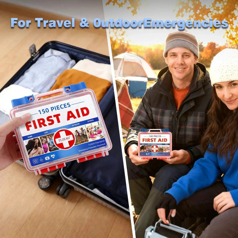 Couple holding All In One 150 Piece Emergency First Aid Kit for home, travel, and outdoor use with camping gear in the background.