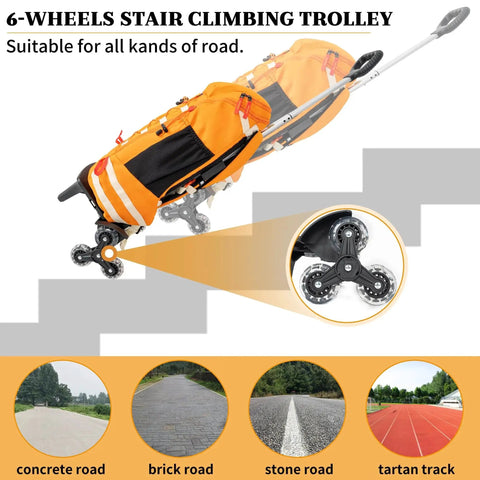 Six Wheel Backpack Trolley Rolling Dolly Cart ascending stairs with orange bag; ideal for various surfaces like concrete, brick, stone.