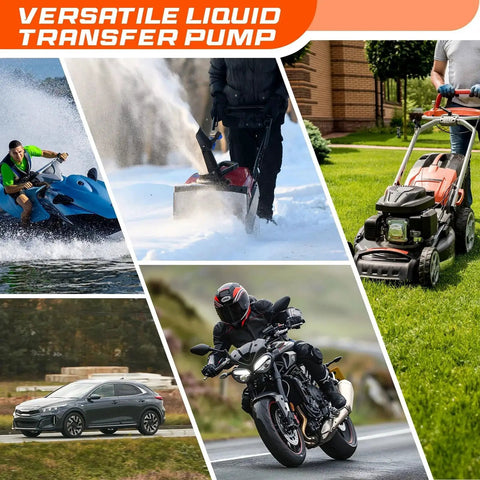Collage featuring various vehicles and equipment that may use the Battery Powered Siphon Pump For Gas And Diesel Transfer 2.4 GPM 47 Inch Hose.
