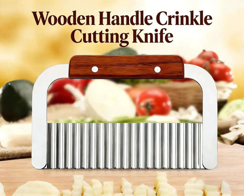 French Fry Slicer With Stainless Steel Blade And Wooden Handle For Crinkle And Waffle Fries Pickles And Veggies Durable Kitchen Knife