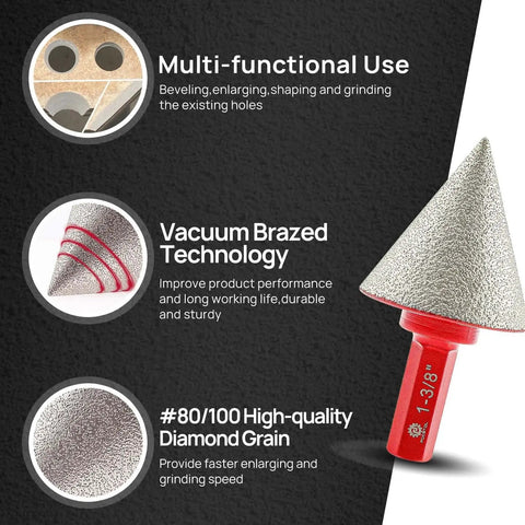 Diamond Core Drill Bits Set For Porcelain Tile Ceramic Granite Marble, 10 Piece Hole Saw Kit With 6mm 8mm 10mm 20mm 25mm 28mm 32mm 35mm 50mm Bits And 35mm Beveling Chamfer Bit, Triangle Shank By FOCSTOL, showing beveling chamfer bit and features.