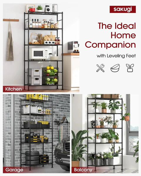 5-Tier Wire Shelving Unit With 360-Degree Wheels And Adjustable Leveling Feet, Heavy-Duty Garage Storage Shelf, displayed in various rooms