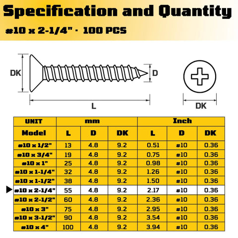 Diagram of 304 Stainless Steel Size Ten By Two And One Quarter Inch Flat Head Phillips Wood Screws with dimensions in mm and inch.