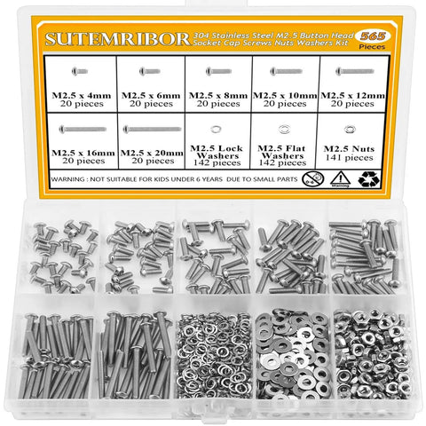 M2.5 Screw Nut Washer Set For DIY Projects, 565 Pieces By Sutemribor, Button Head Socket Cap Screws 4 6 8 10 12 16 20mm With Nuts And Washers In 304 Stainless Steel Fully Threaded displayed in a segmented box.