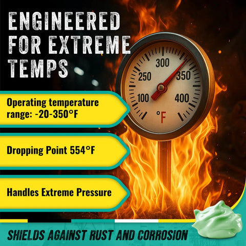Ultra Heavy Duty Green Grease Tube, 14oz, NLGI 2; fiery packaging with temp gauge and rust protection text.
