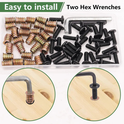 60Pcs Wood Threaded Inserts Kit With 1/4-20 x 3/4 Inch Screws And 1/4-20 Nuts Hex Socket Drive Includes Two Hex Wrenches For Furniture Fasteners Rust Resistant Carbon Steel