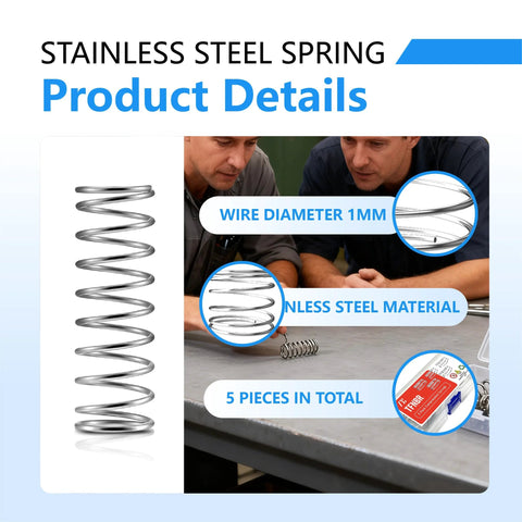 Stainless steel compression springs, 5-pack; 0.5mm wire, 5mm OD, 25mm length, Amazon BISS.