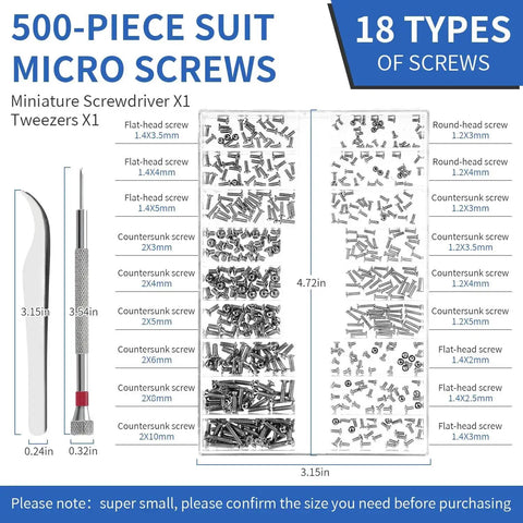 Ultra Handy Micro Screw Repair Kit For Glasses Laptops Watches And Electronics 500Pcs Tiny M1.2 M1.4 M2 Screws with tools