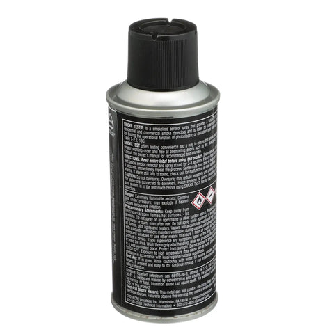 CRC Smoke Test smoke detector tester aerosol spray can, side view, 2.5 oz, metal can with black cap
