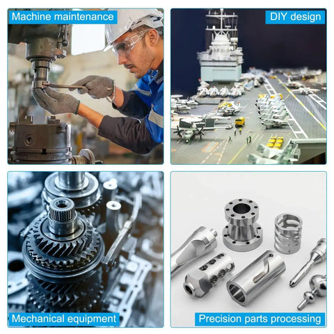 Collage featuring machine maintenance, DIY design, mechanical equipment, and precision parts processing.