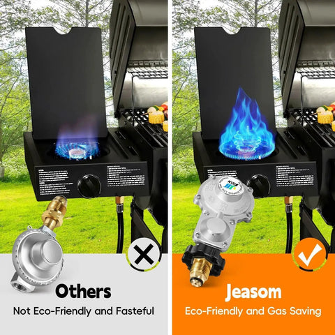 Comparison of standard vs. Jeasom Two Stage Propane Regulator for RVs and Campers With Three Eighths Inch Female NPT and POL.