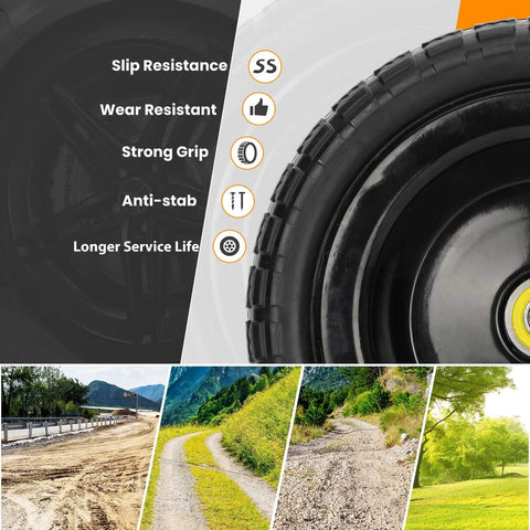 Detailed side view of Thirteen Inch Flat Free Wheels Replacement for Garden Carts and Hand Trucks showcasing features and terrains.