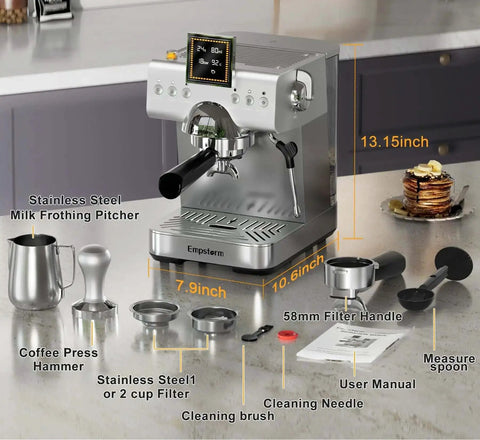 20 Bar Espresso Machine With Steam Milk Frother, Stainless Steel Coffee Maker With LED Display for home and office, placed on a kitchen counter with accessories including milk frothing pitcher, coffee press hammer, filter handle, and user manual.