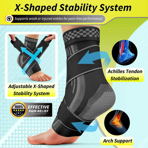 Image of All Day Comfort Ankle Support Brace for men and women, black medium with X-shaped stability design for Achilles tendon relief.