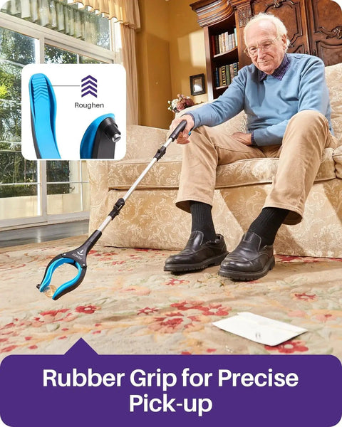 36 Inch Foldable Reacher Tool For Seniors With Anti Slip 360 Degree Rotating Jaw And Magnet used by elderly man on sofa
