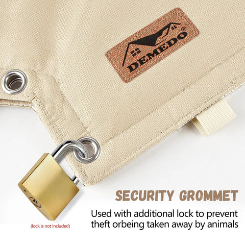 Backflow preventer cover beige security pouch with metal grommet and padlock for irrigation valve protection.