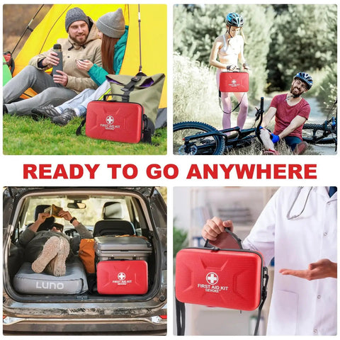 410 Piece Waterproof Hard Shell First Aid Kit For Home Car Travel Camping Truck Hiking Sports Office And Outdoor Emergencies With Multi Compartment Organization And Clear Visibility In Red, shown in various outdoor settings.