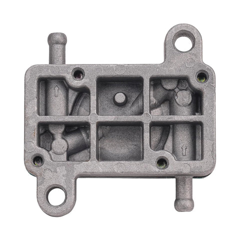 Fuel pump housing, cast metal with mounting tabs and inlet/outlet ports