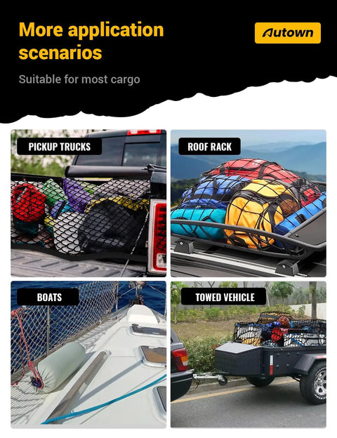 Heavy Duty Truck Bed Cargo Net Stretchable From 4x4 To 7x7 In 1x1 Inch Mesh With 8 Metal Carabiners Keeps ATV SUV UTV Boat Gear Secure On Road And Trails AUTOWN in use on various vehicles.