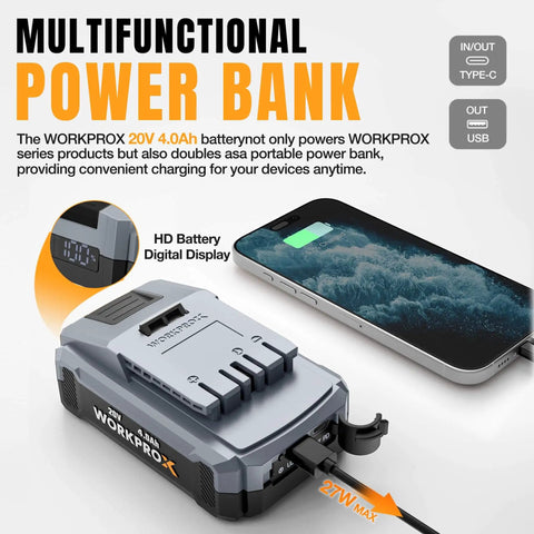 WORKPROX 20V 4.0Ah multi-functional power bank with USB-C charging an iPhone, featuring HD battery display.