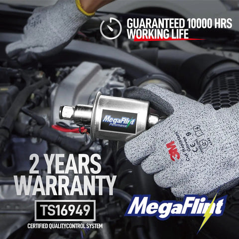 Mechanic holds Inline 12V Universal Electric Fuel Pump Low Pressure Five To Nine PSI For Gas And Diesel, Delivers Thirty GPH in engine bay