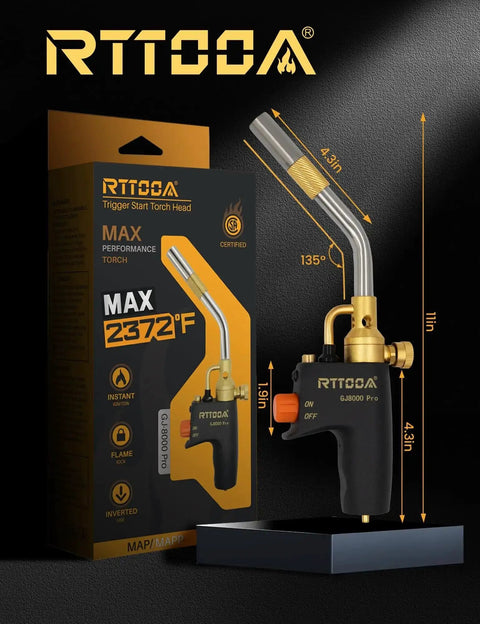 Propane Torch Head With Trigger Start High Intensity Pencil Flame For Soldering Welding Cooking DIY Friendly Mapp Propane Gas Compatible CSA Certified Ergonomic Non Slip Handle Upgrade For Precise Flame Control, shown with packaging.