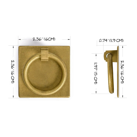 Front and side view of Ring Plate Pulls Set Of 2 In Solid Brass For Cabinets And Furniture 2.36 Inches Wide, 2.36 Inches High