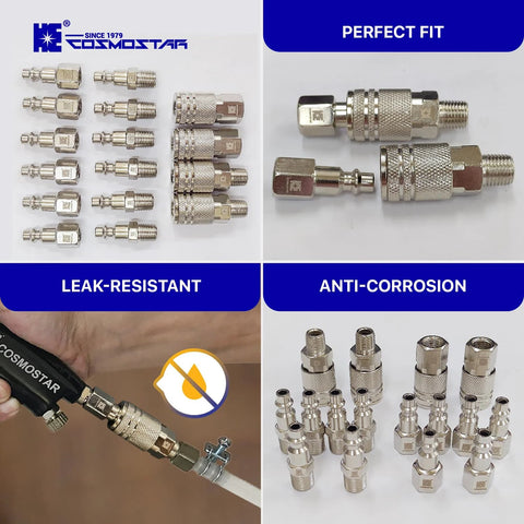 Cosmostar 16-piece air hose fittings set with 1/4 in NPT quick-connects and plugs; nickel-plated steel