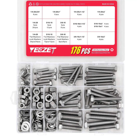 176 Piece Heavy Duty Bolts And Nuts Kit In 304 Stainless Steel with assorted sizes in a clear storage box