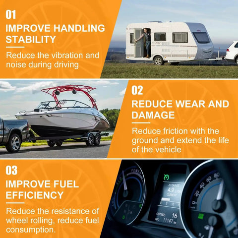 Diagram showing trailer stability improvements with trailer hub kits: handling stability, wear reduction, and fuel efficiency.