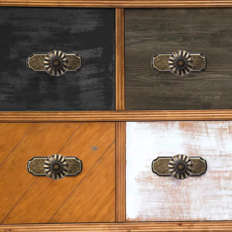 Vintage Antique Brass Cabinet Knobs With Backplates 8 Pack Drawer Pulls for Kitchen and Dresser Cabinets shown on wood surfaces