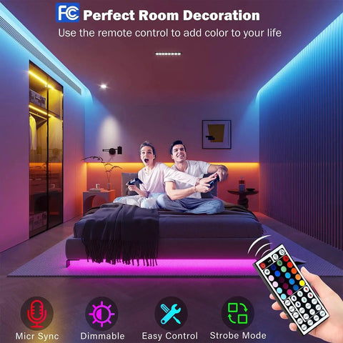 Bedroom with RGB LED Strip Lights 100 Ft Bluetooth Remote App Music Sync For Bedroom Decor, colorful lights on walls and ceiling.