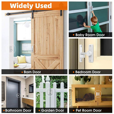 Barn Door Latch 90 And 180 Degree Sliding Latch for Bathrooms Bedrooms Garages Fences Cabinets showcased in various uses.