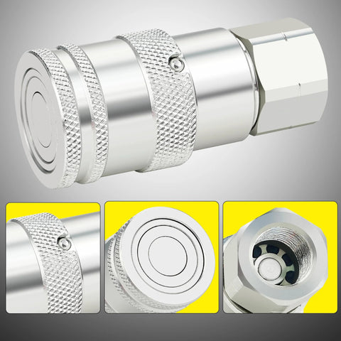 3/8 in NPT flat-face hydraulic quick-connect coupler, knurled silver metal body with dust cap