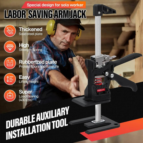 Drywall Lifter And Furniture Jack 12 Inch 400lb 2 Pack With Dual Descent Switch shown in use lifting furniture.