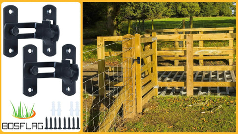Two Pack 90 Degree Rotating Barn Door Locks for Privacy and Security, Solid Stainless Steel Latch set next to wooden garden gate.