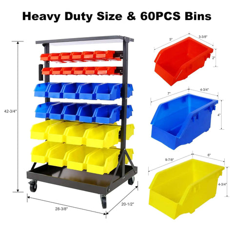 Six-Tier Dual-Sided Storage Organizer Rolling Bin Rack With Sixty Plastic Bins, Heavy-Duty Steel Frame On Wheels For Garage, Workshop, Office And DIY Projects