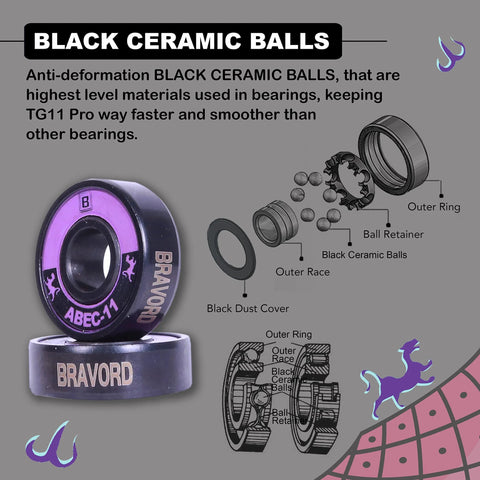 BRAVORD TG11PRO skateboard bearings, black ceramic balls; pack of 8 with washers and spacers, purple ABEC-11 bearing with BRAVORD logo.