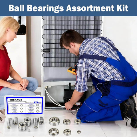 36-Piece Ball Bearing Kit for 3D Printers, Skateboards, showing bearings, packaging, and application in repair work