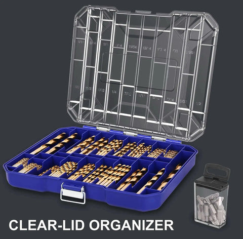 276 Piece Titanium Twist Drill Bit Set With S2 Bits 135 Degree Tip High Speed Steel Heavy Duty From 1/16 To 1/2 Inch For Wood Metal Aluminum Plastic Fiberglass In Clear Lid Case