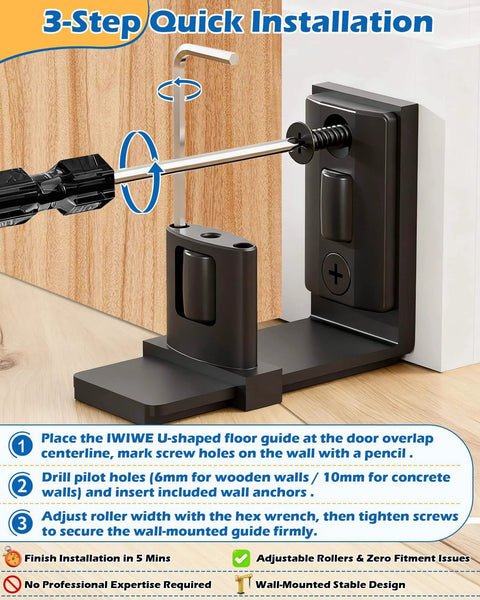 Space Saving Sliding Barn Door Bottom Floor Guide Kit With Wall Mount, Adjustable U Shape Flush Design installation