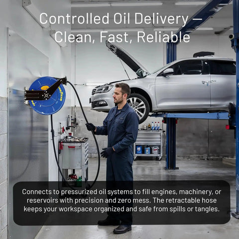 Mechanic using Retractable Oil Hose Reel One Half Inch By Fifty Feet Premium Steel Construction in garage setting