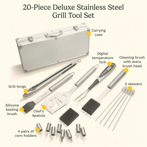Deluxe 20-Piece BBQ Tool Set With Stainless Steel Grilling Tools And Aluminum Case Includes Spatula, Tongs, Digital Temperature Fork