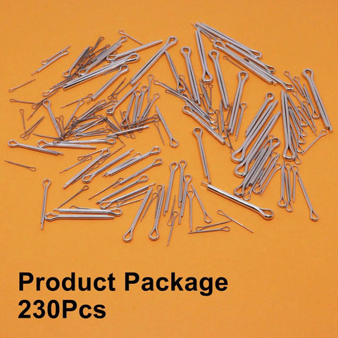 230 Piece Cotter Pin Set With Six Sizes Stainless Steel Hairpin Fasteners For Automotive Work Lawn Mowers And Small Engines M1x16 M2x20 M2.5x25 M3x30 M4x35 M5x50 displayed on orange background.