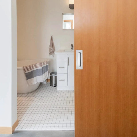 7 Inch Recessed Flush Finger Pulls For Pocket Door Sliding Door Hardware In Brushed Stainless Steel Rectangular 2 Pack Durable 304 Stainless Steel Rust Resistant Fingerprint Resistant Recess Mount installed on a wooden sliding pocket door