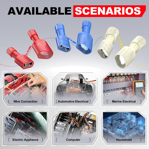 Blue nylon insulated female spade connectors for 16-14 AWG wire, quick-disconnect terminals, 100 pcs
